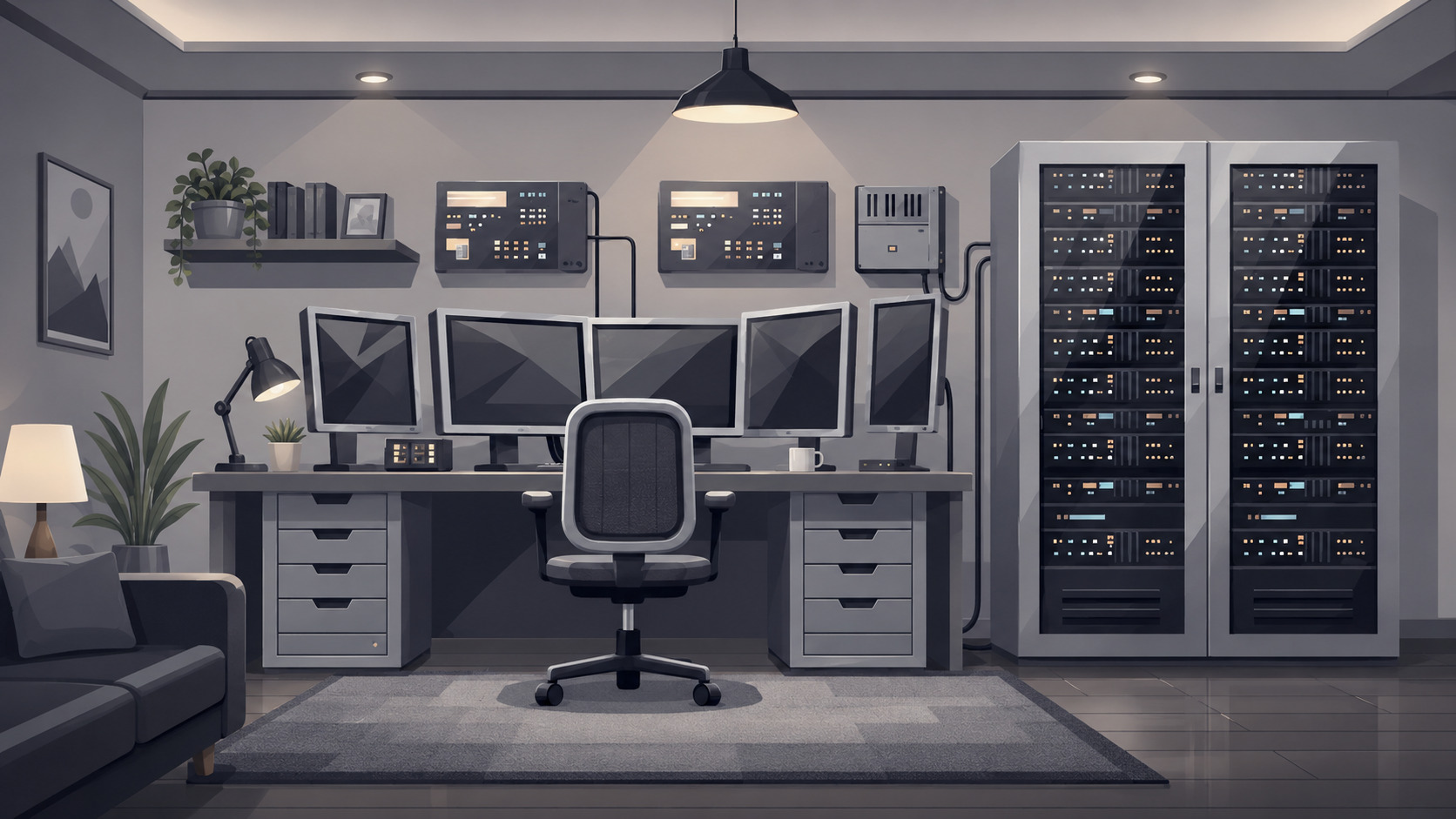 Server room workspace with monitors and equipment
